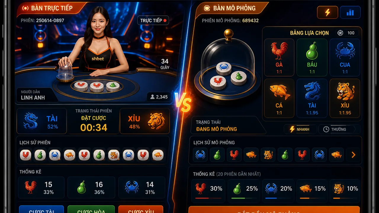 Đọc màn hình gọn hơn: so sánh bàn trực tiếp và bàn mô phỏng shbet trên điện thoại